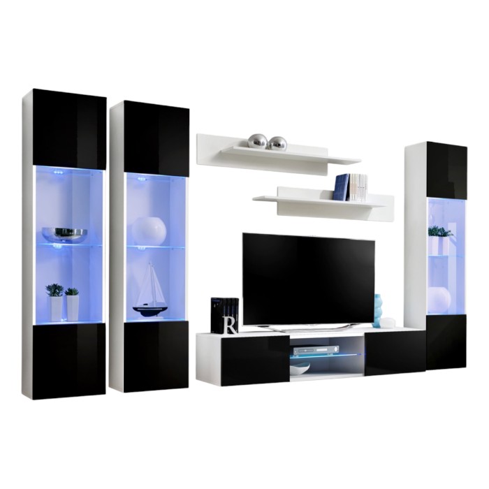 Ensemble Meuble TV FLY P3 avec LED. Coloris blanc et noir. Meubles suspendus design pour votre salon.