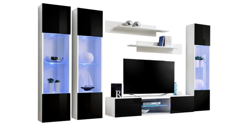 Ensemble Meuble TV FLY P3 avec LED. Coloris blanc et noir. Meubles suspendus design pour votre salon.