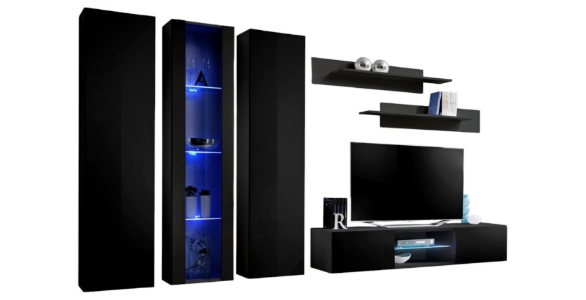 Ensemble Meuble TV FLY P4 avec LED. Coloris noir. Meubles suspendus design pour votre salon.