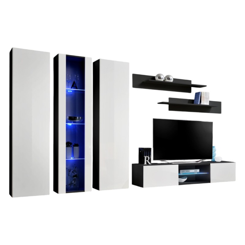 Ensemble Meuble TV FLY P4 avec LED. Coloris noir et blanc. Meubles suspendus design pour votre salon.