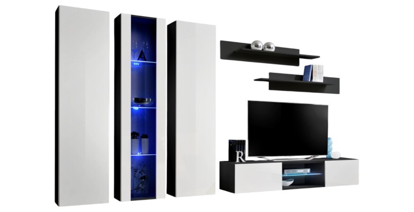 Ensemble Meuble TV FLY P4 avec LED. Coloris noir et blanc. Meubles suspendus design pour votre salon.