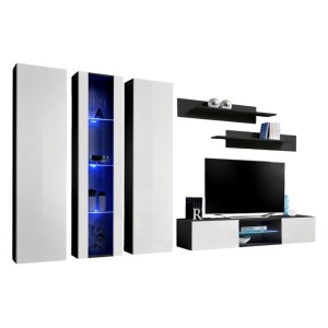 Ensemble Meuble TV FLY P4 avec LED. Coloris noir et blanc. Meubles suspendus design pour votre salon.