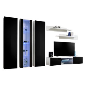 Ensemble Meuble TV FLY P4 avec LED. Coloris blanc et noir. Meubles suspendus design pour votre salon.
