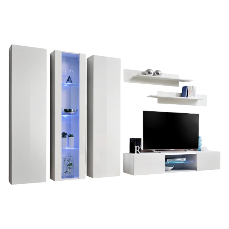 Ensemble Meuble TV FLY P4 avec LED. Coloris blanc. Meubles suspendus design pour votre salon.