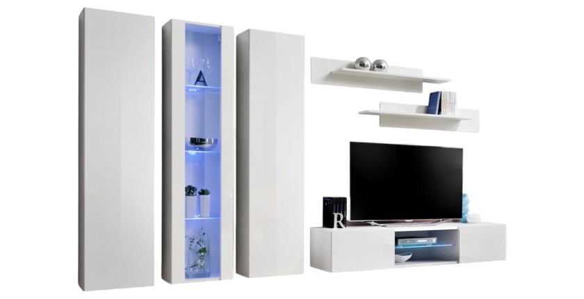 Ensemble Meuble TV FLY P4 avec LED. Coloris blanc. Meubles suspendus design pour votre salon.