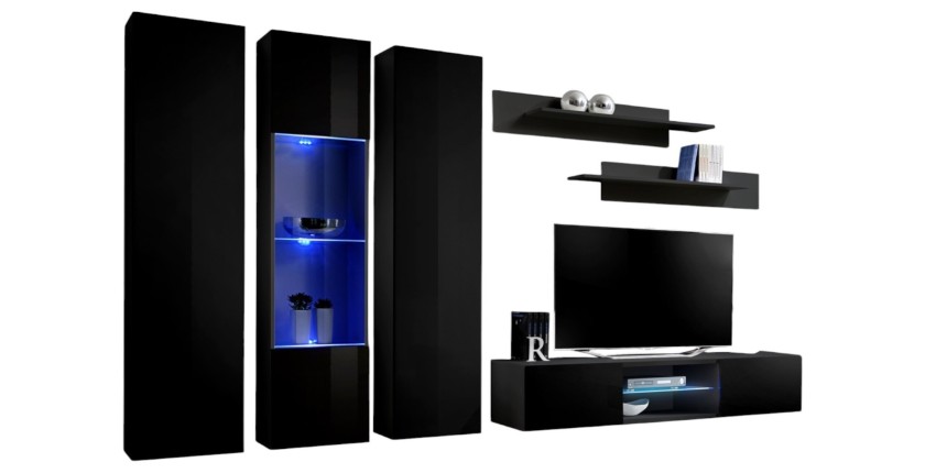 Ensemble Meuble TV FLY P5 avec LED. Coloris noir. Meubles suspendus design pour votre salon.