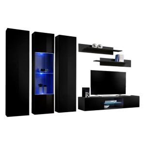 Ensemble Meuble TV FLY P5 avec LED. Coloris noir. Meubles suspendus design pour votre salon.