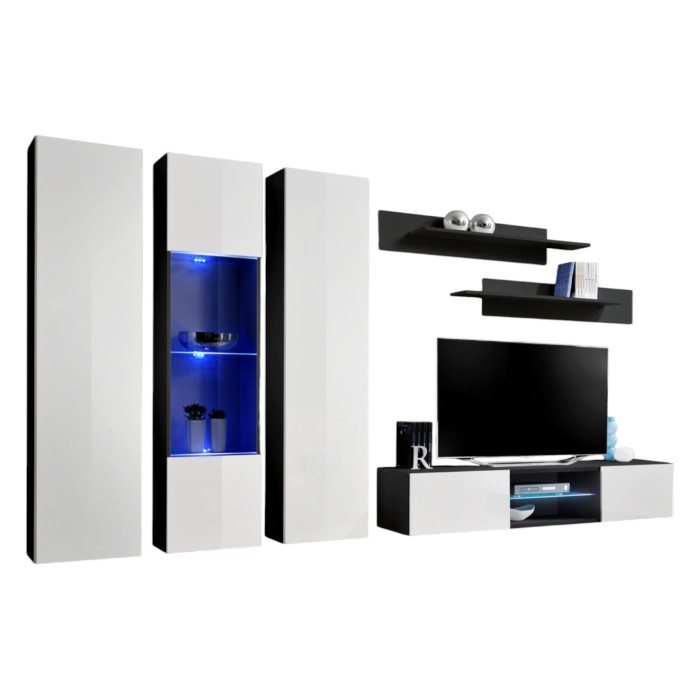 Ensemble Meuble TV FLY P5 avec LED. Coloris noir et blanc. Meubles suspendus design pour votre salon.