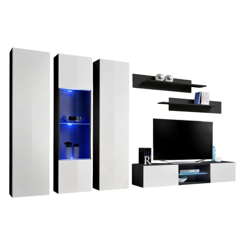Ensemble Meuble TV FLY P5 avec LED. Coloris noir et blanc. Meubles suspendus design pour votre salon.
