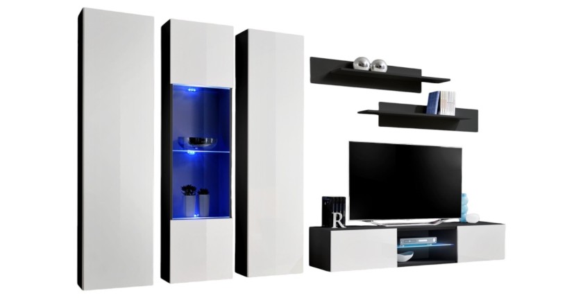 Ensemble Meuble TV FLY P5 avec LED. Coloris noir et blanc. Meubles suspendus design pour votre salon.