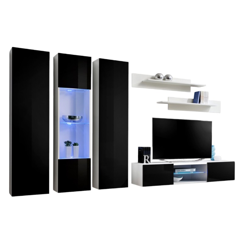 Ensemble Meuble TV FLY P5 avec LED. Coloris blanc et noir. Meubles suspendus design pour votre salon.