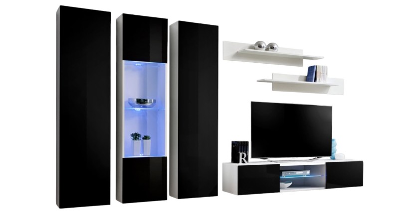 Ensemble Meuble TV FLY P5 avec LED. Coloris blanc et noir. Meubles suspendus design pour votre salon.