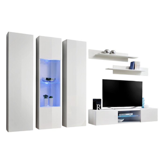 Ensemble Meuble TV FLY P5 avec LED. Coloris blanc. Meubles suspendus design pour votre salon.