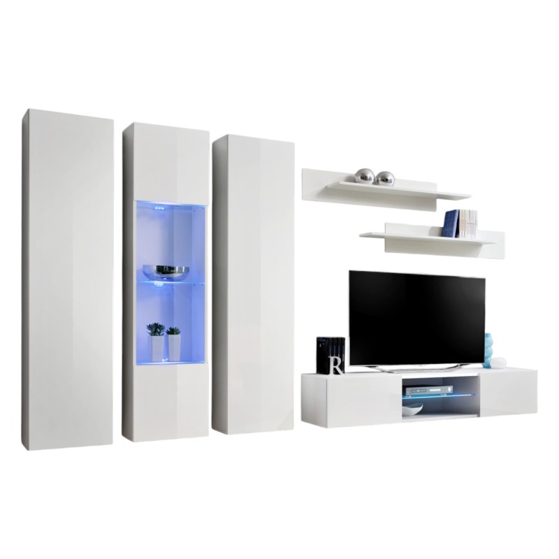 Ensemble Meuble TV FLY P5 avec LED. Coloris blanc. Meubles suspendus design pour votre salon.