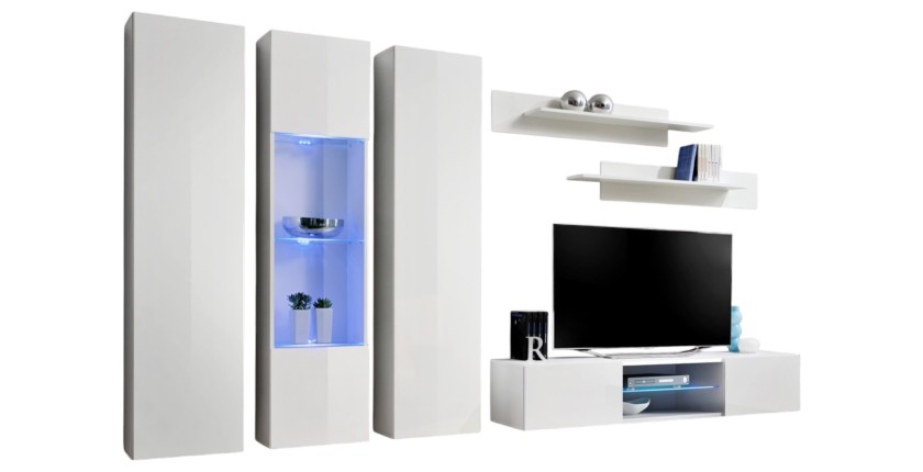 Ensemble Meuble TV FLY P5 avec LED. Coloris blanc. Meubles suspendus design pour votre salon.