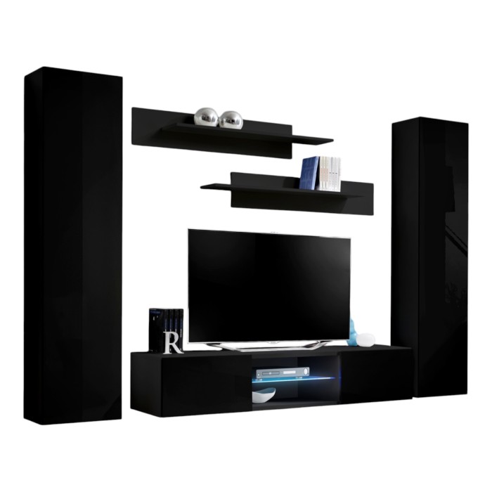 Ensemble Meuble TV FLY O1 avec LED. Coloris noir. Meuble suspendu design pour votre salon.