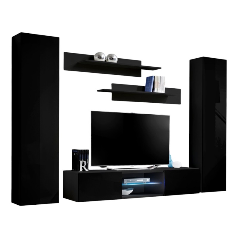 Ensemble Meuble TV FLY O1 avec LED. Coloris noir. Meuble suspendu design pour votre salon.