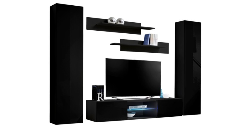 Ensemble Meuble TV FLY O1 avec LED. Coloris noir. Meuble suspendu design pour votre salon.