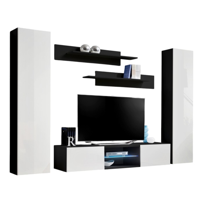 Ensemble Meuble TV FLY O1 avec LED. Coloris noir et blanc. Meuble suspendu design pour votre salon.