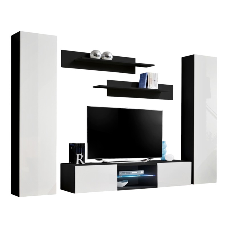 Ensemble Meuble TV FLY O1 avec LED. Coloris noir et blanc. Meuble suspendu design pour votre salon.
