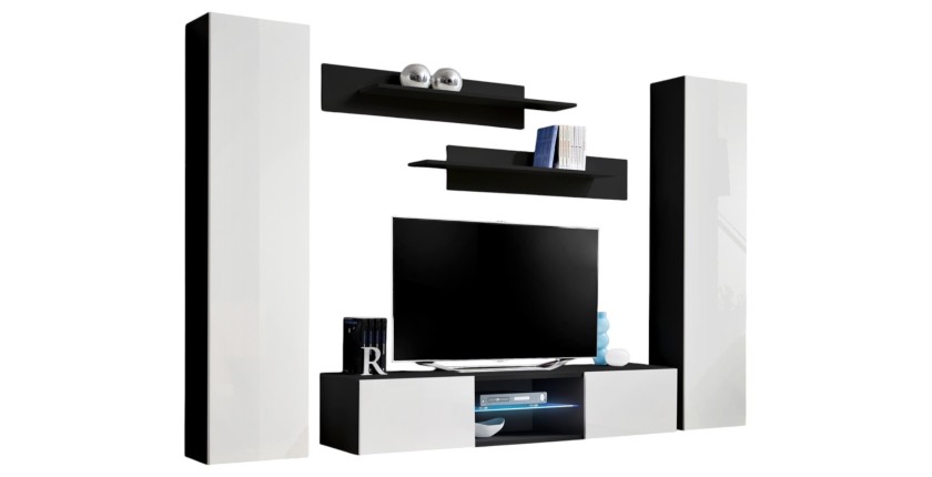 Ensemble Meuble TV FLY O1 avec LED. Coloris noir et blanc. Meuble suspendu design pour votre salon.