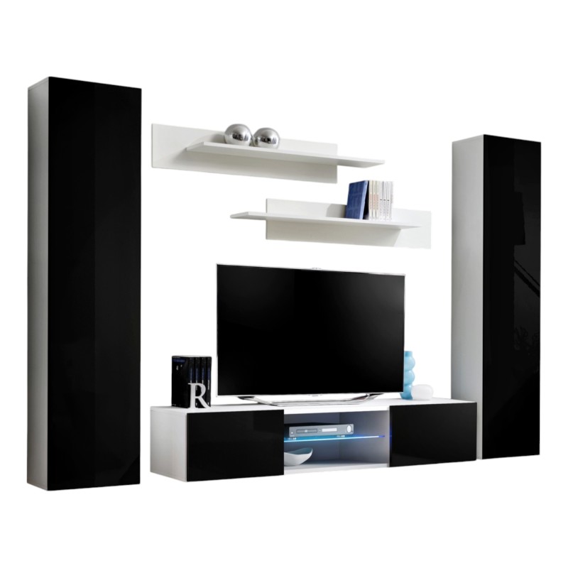 Ensemble Meuble TV FLY O1 avec LED. Coloris blanc et noir. Meuble suspendu design pour votre salon.