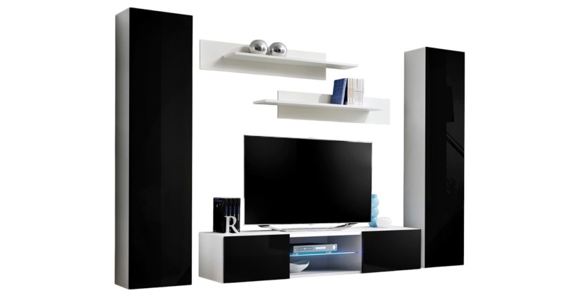 Ensemble Meuble TV FLY O1 avec LED. Coloris blanc et noir. Meuble suspendu design pour votre salon.