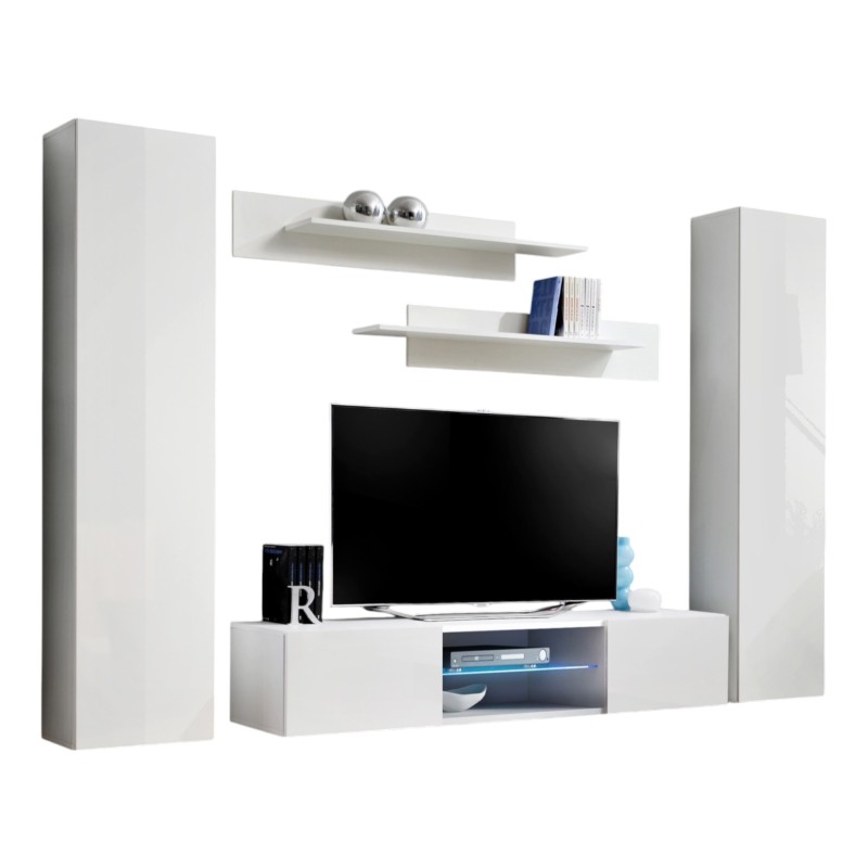 Ensemble Meuble TV FLY O1 avec LED. Coloris blanc. Meuble suspendu design pour votre salon.