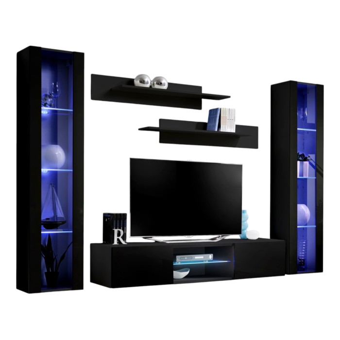 Ensemble Meuble TV FLY O2 avec LED. Coloris noir. Meuble suspendu design pour votre salon.