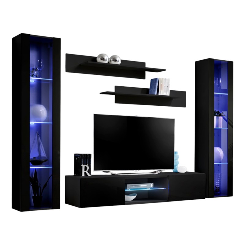 Ensemble Meuble TV FLY O2 avec LED. Coloris noir. Meuble suspendu design pour votre salon.