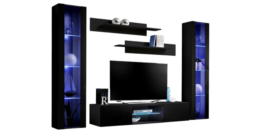 Ensemble Meuble TV FLY O2 avec LED. Coloris noir. Meuble suspendu design pour votre salon.