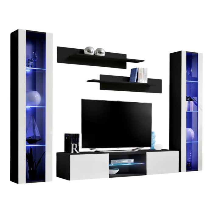 Ensemble Meuble TV FLY O2 avec LED. Coloris noir et blanc. Meuble suspendu design pour votre salon.