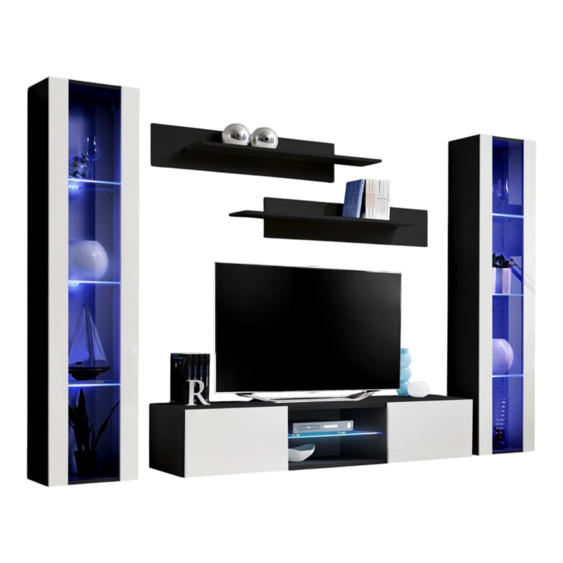 Ensemble Meuble TV FLY O2 avec LED. Coloris noir et blanc. Meuble suspendu design pour votre salon.