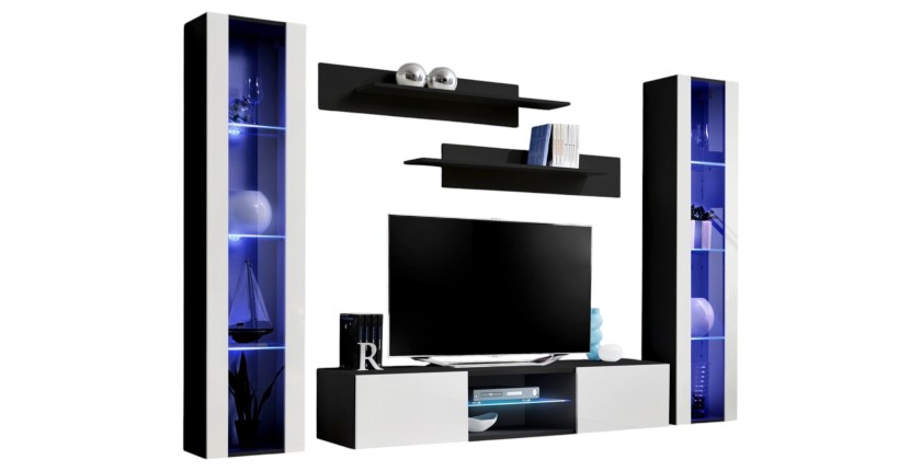 Ensemble Meuble TV FLY O2 avec LED. Coloris noir et blanc. Meuble suspendu design pour votre salon.