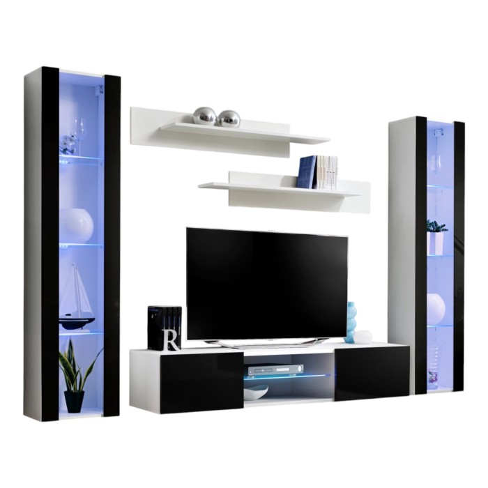 Ensemble Meuble TV FLY O2 avec LED. Coloris blanc et noir. Meuble suspendu design pour votre salon.