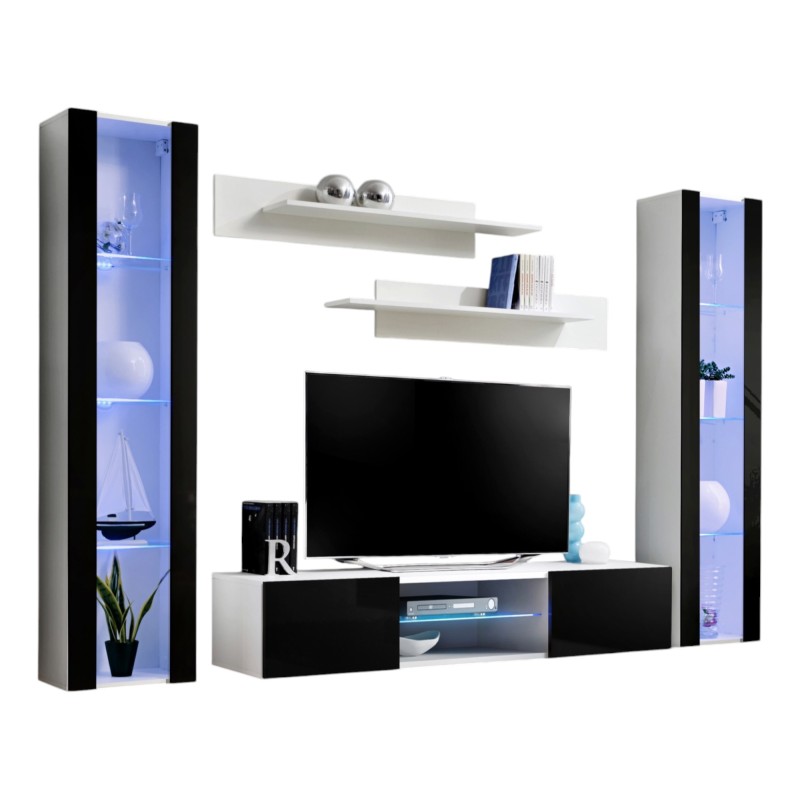 Ensemble Meuble TV FLY O2 avec LED. Coloris blanc et noir. Meuble suspendu design pour votre salon.