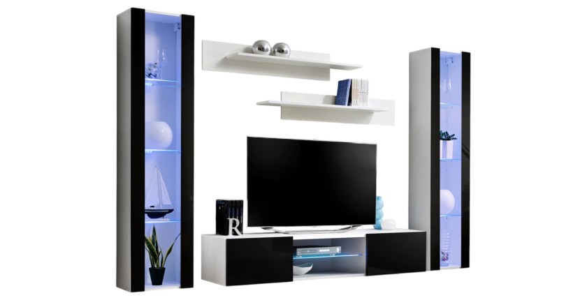 Ensemble Meuble TV FLY O2 avec LED. Coloris blanc et noir. Meuble suspendu design pour votre salon.