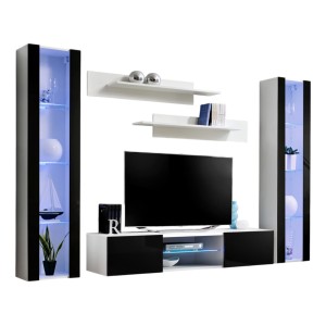 Ensemble Meuble TV FLY O2 avec LED. Coloris blanc et noir. Meuble suspendu design pour votre salon.