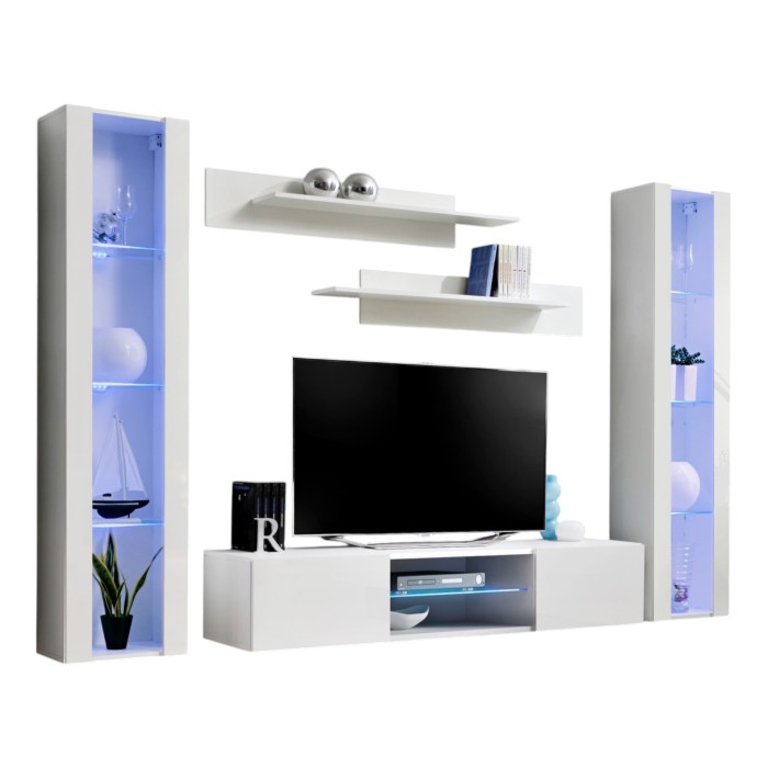 Ensemble Meuble TV FLY O2 avec LED. Coloris blanc. Meuble suspendu design pour votre salon.