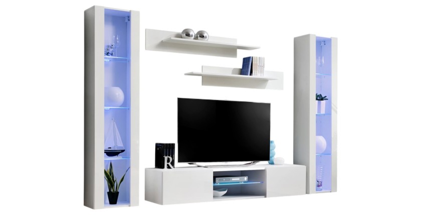 Ensemble Meuble TV FLY O2 avec LED. Coloris blanc. Meuble suspendu design pour votre salon.
