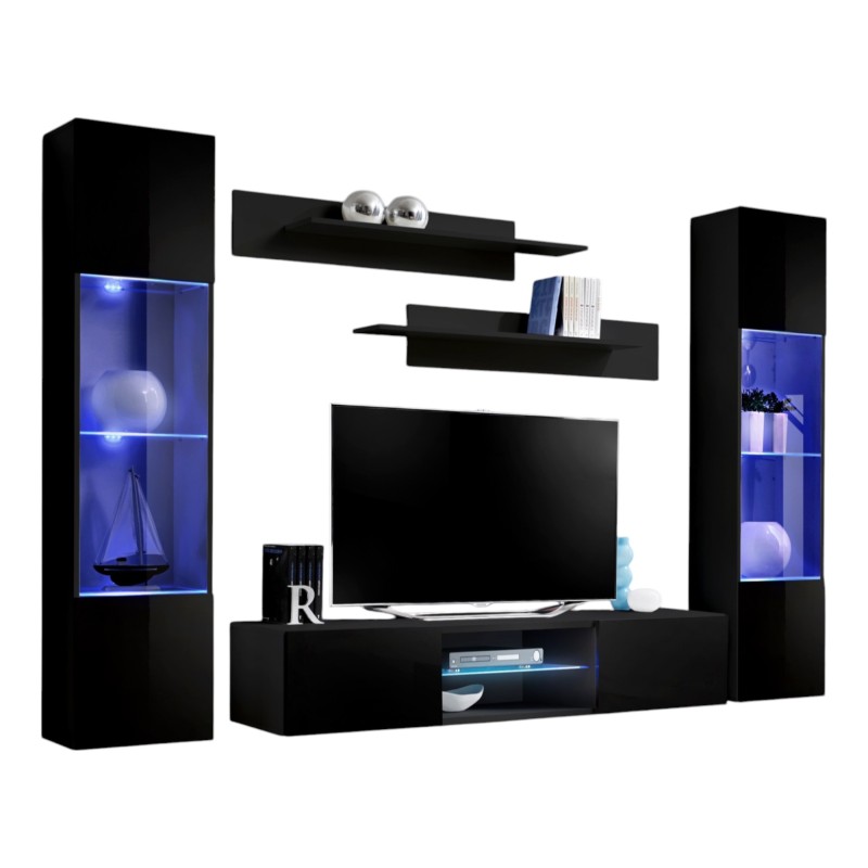 Ensemble Meuble TV FLY O3 avec LED. Coloris noir. Meuble suspendu design pour votre salon.