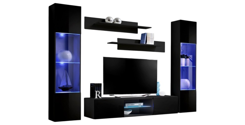 Ensemble Meuble TV FLY O3 avec LED. Coloris noir. Meuble suspendu design pour votre salon.