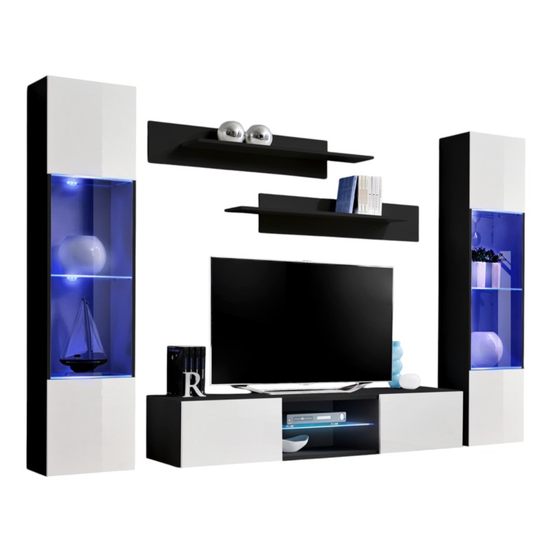 Ensemble Meuble TV FLY O3 avec LED. Coloris noir et blanc. Meuble suspendu design pour votre salon.
