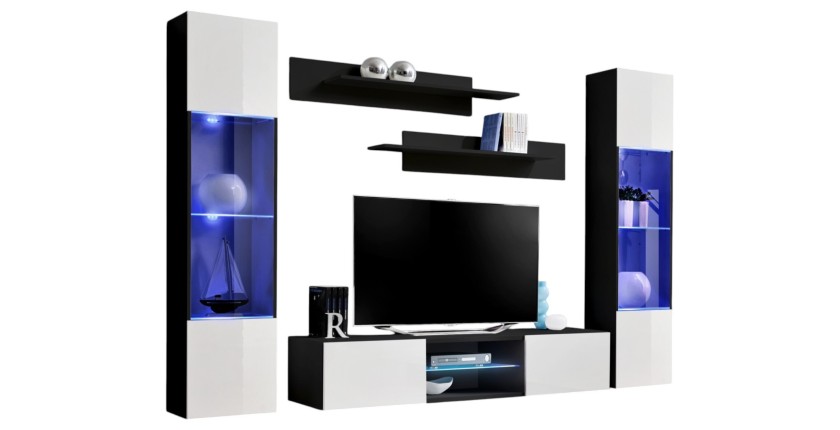 Ensemble Meuble TV FLY O3 avec LED. Coloris noir et blanc. Meuble suspendu design pour votre salon.