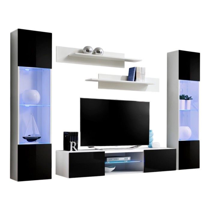Ensemble Meuble TV FLY O3 avec LED. Coloris blanc et noir. Meuble suspendu design pour votre salon.