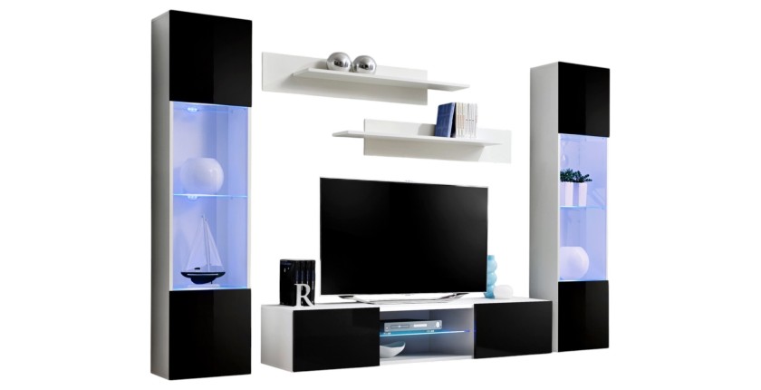 Ensemble Meuble TV FLY O3 avec LED. Coloris blanc et noir. Meuble suspendu design pour votre salon.