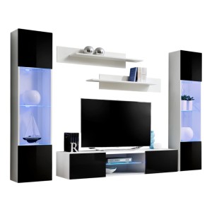 Ensemble Meuble TV FLY O3 avec LED. Coloris blanc et noir. Meuble suspendu design pour votre salon.