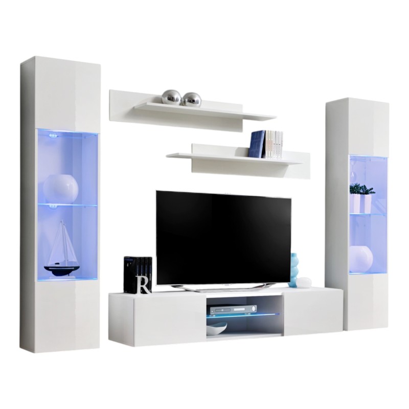 Ensemble Meuble TV FLY O3 avec LED. Coloris blanc. Meuble suspendu design pour votre salon.