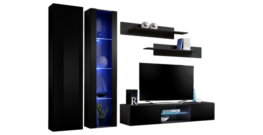 Ensemble Meuble TV FLY O4 avec LED. Coloris noir. Meuble suspendu design pour votre salon.
