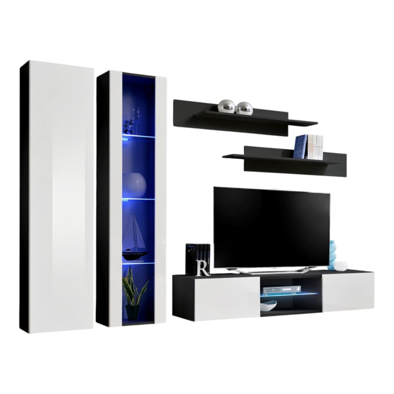 Ensemble Meuble TV FLY O4 avec LED. Coloris noir et blanc. Meuble suspendu design pour votre salon.